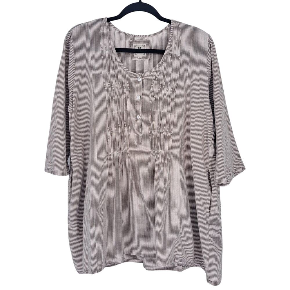Namsar Pintucked Striped Top 100% Cotton Lagenlook Brown Cream Women's Size L